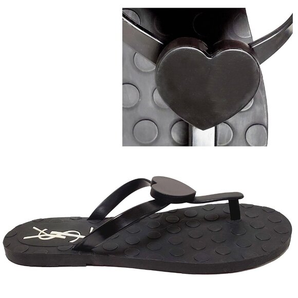 YVES SAINT LAURENT SHOES BLACK RUBBER FLIP FLOPS THONG w HEART sz 38 / US 8 - Picture 1 of 11